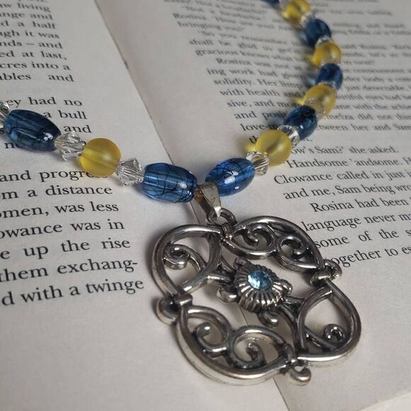 Blue, Yellow, and Silver Statement Necklace - Picture 1 of 12